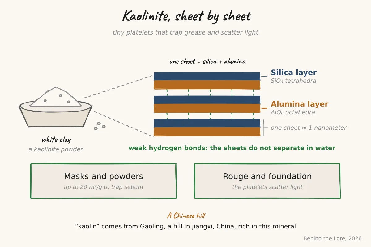 Diagram of kaolinite's layered structure and examples of cosmetic uses of white clay