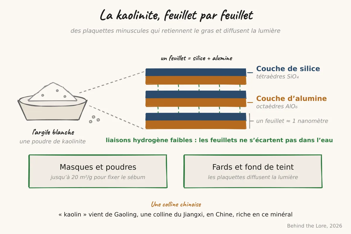 Schéma de la structure en feuillets de la kaolinite et exemples d'usages cosmétiques de l'argile blanche