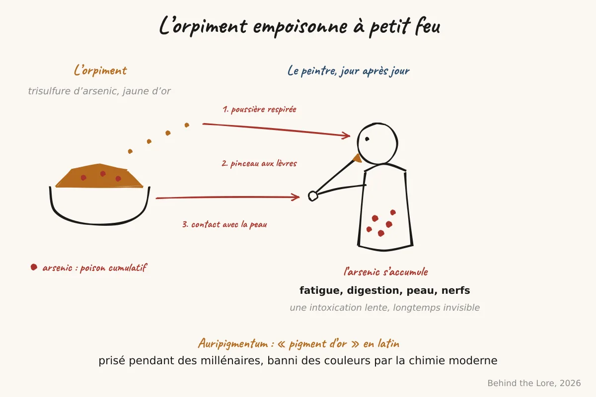 Pigment jaune d'orpiment et schéma de l'exposition chronique à l'arsenic par la peinture