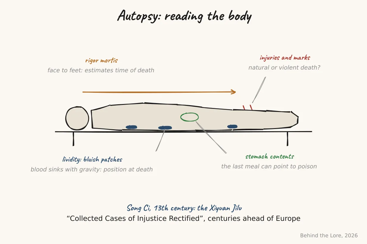 Diagram of the post-mortem signs examined in a medieval Chinese autopsy, lividity and rigor mortis