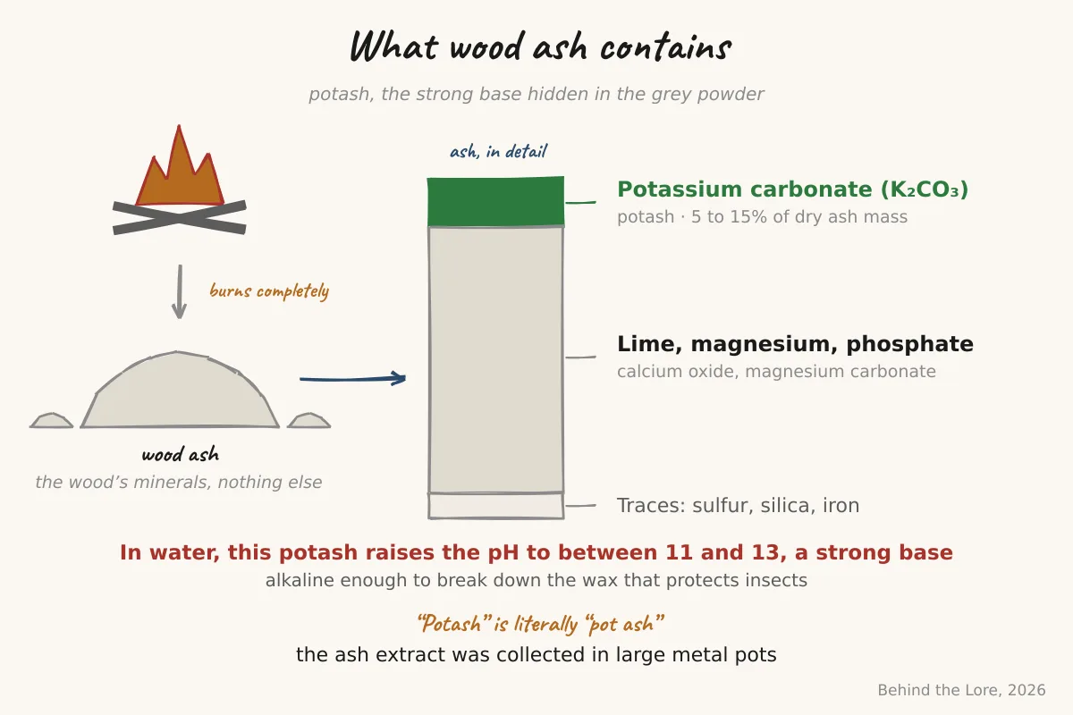 Diagram of wood ash composition showing potassium carbonate and associated minerals