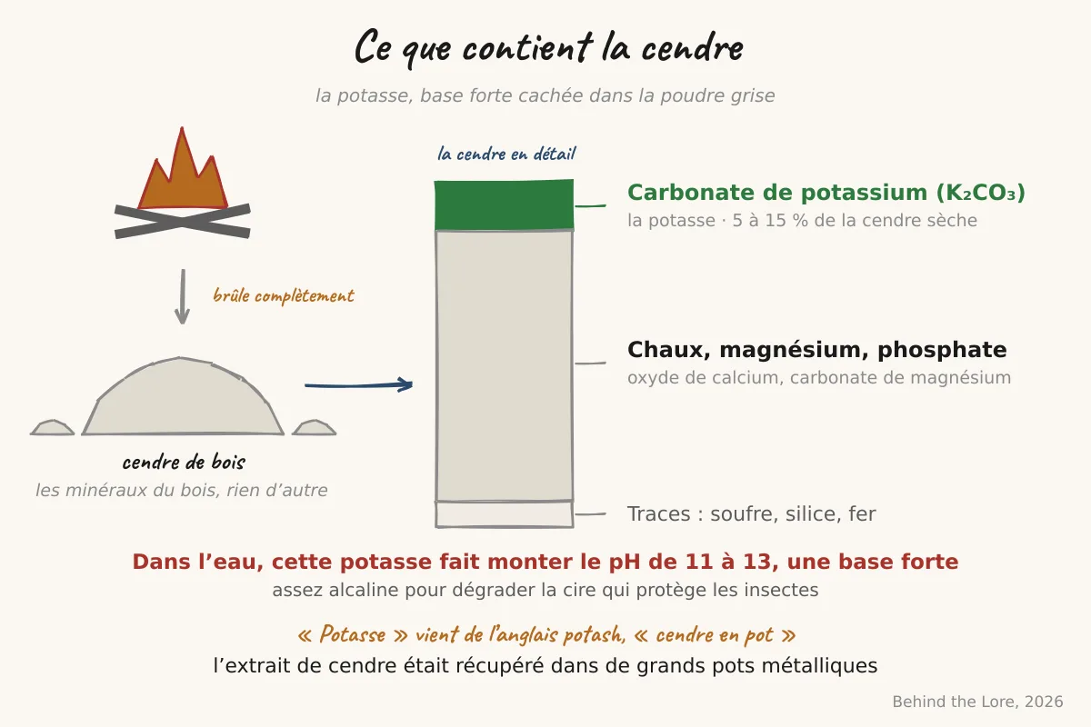 Schéma de la composition des cendres de bois montrant le carbonate de potassium et les minéraux associés