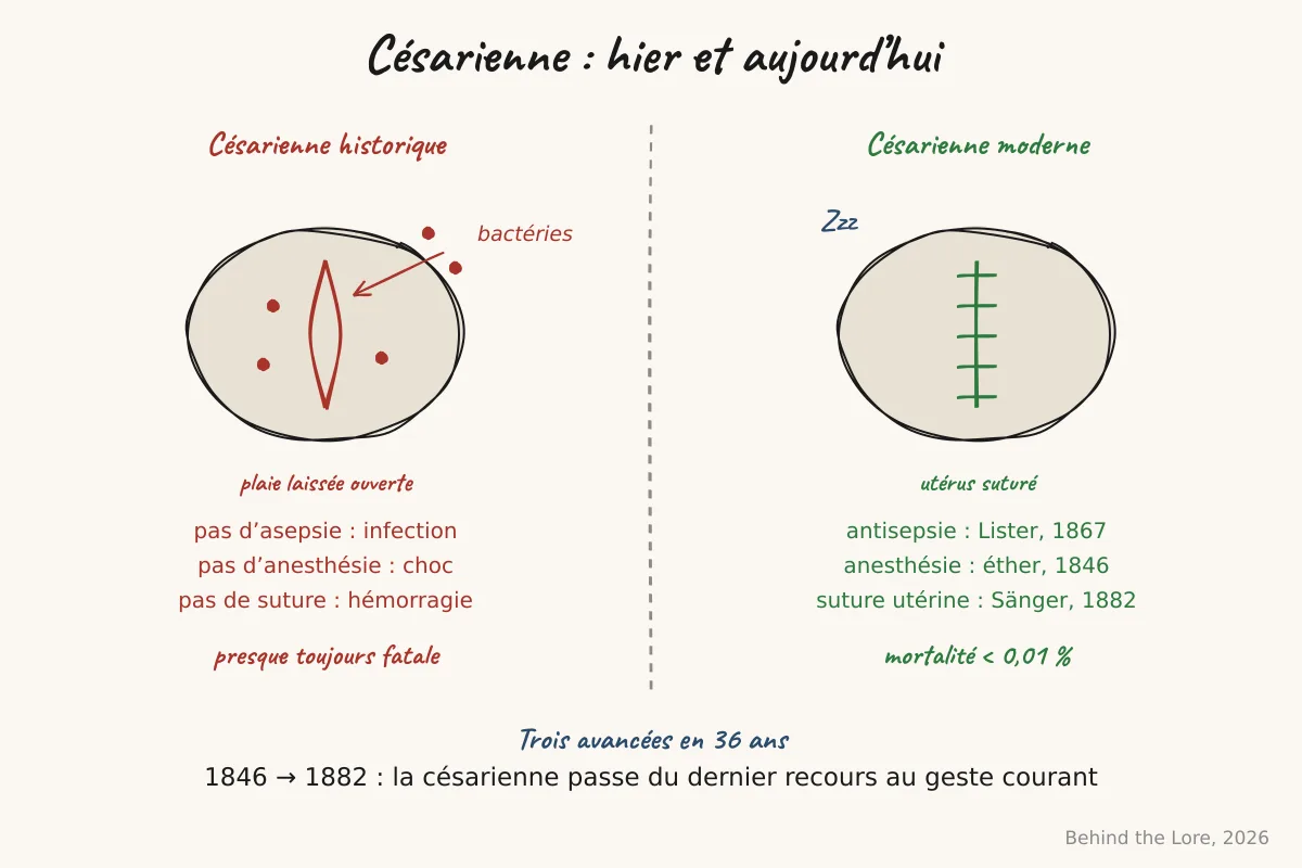 Schéma comparatif d'une césarienne historique et d'une césarienne moderne avec suture utérine