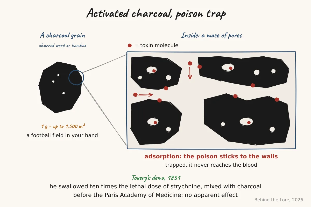 Diagram of the microporous structure of activated charcoal and adsorption of a toxic molecule on its surface