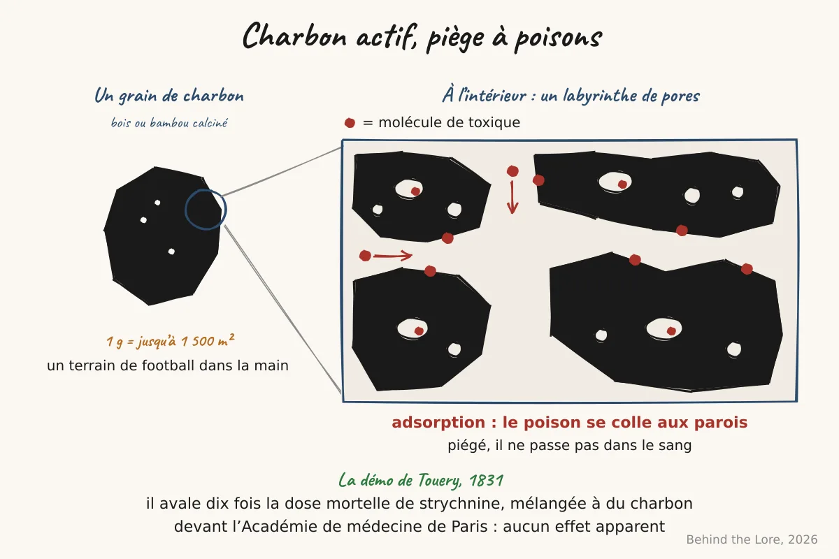 Schéma de la structure microporeuse du charbon actif et de l'adsorption d'une molécule de toxique à sa surface