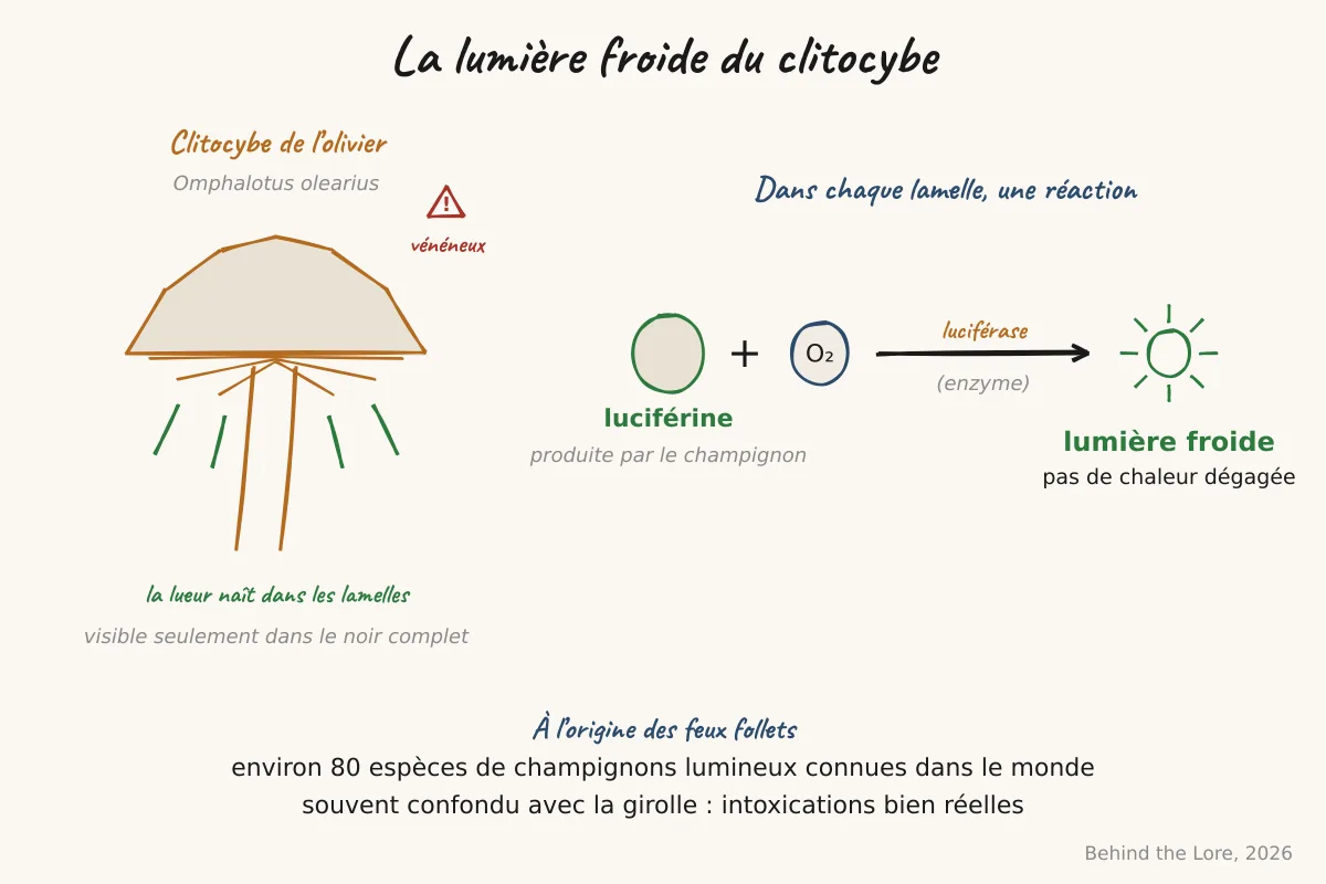 Lamelles du clitocybe de l'olivier émettant une lueur verte dans l'obscurité