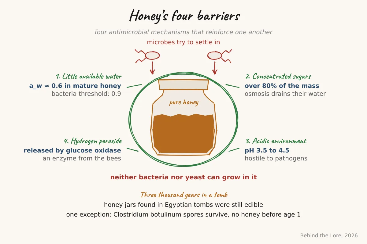 Diagram of honey's antimicrobial mechanisms, low water activity, acidity, and hydrogen peroxide