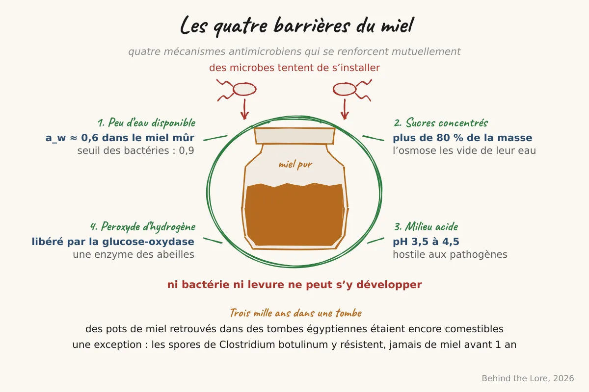 Schéma des mécanismes antimicrobiens du miel, faible activité de l'eau, acidité et peroxyde d'hydrogène