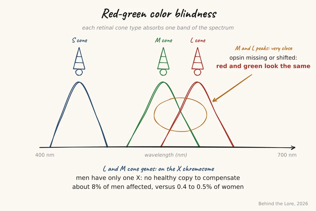 Diagram of the three retinal cone types L, M and S and their spectral absorption curves