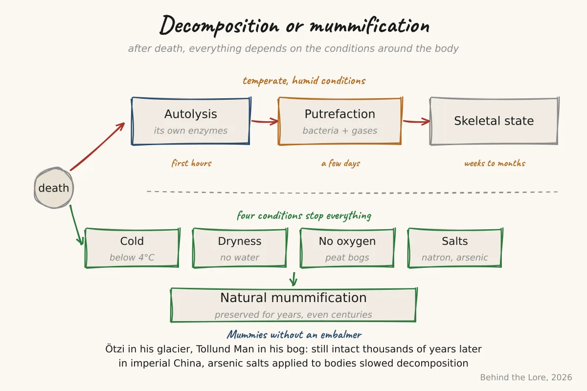Comparative diagram of decomposition stages and the conditions that halt the process to mummify a body