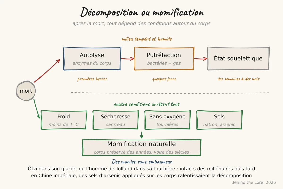 Schéma comparatif des étapes de décomposition et des conditions qui arrêtent le processus pour momifier un corps