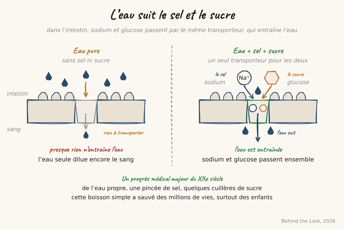 Schéma de l'absorption intestinale de l'eau couplée au sodium et au glucose