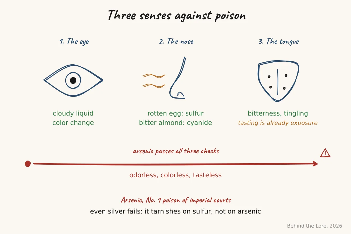 Diagram of sensory poison-detection methods (sight, smell, and taste) and their limits against odorless, colorless toxins