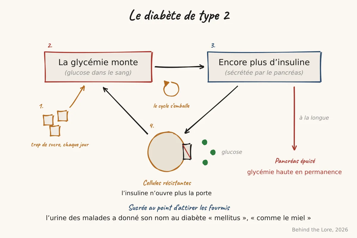 Schéma du cycle glycémie-insuline et de la résistance à l'insuline dans le diabète de type 2
