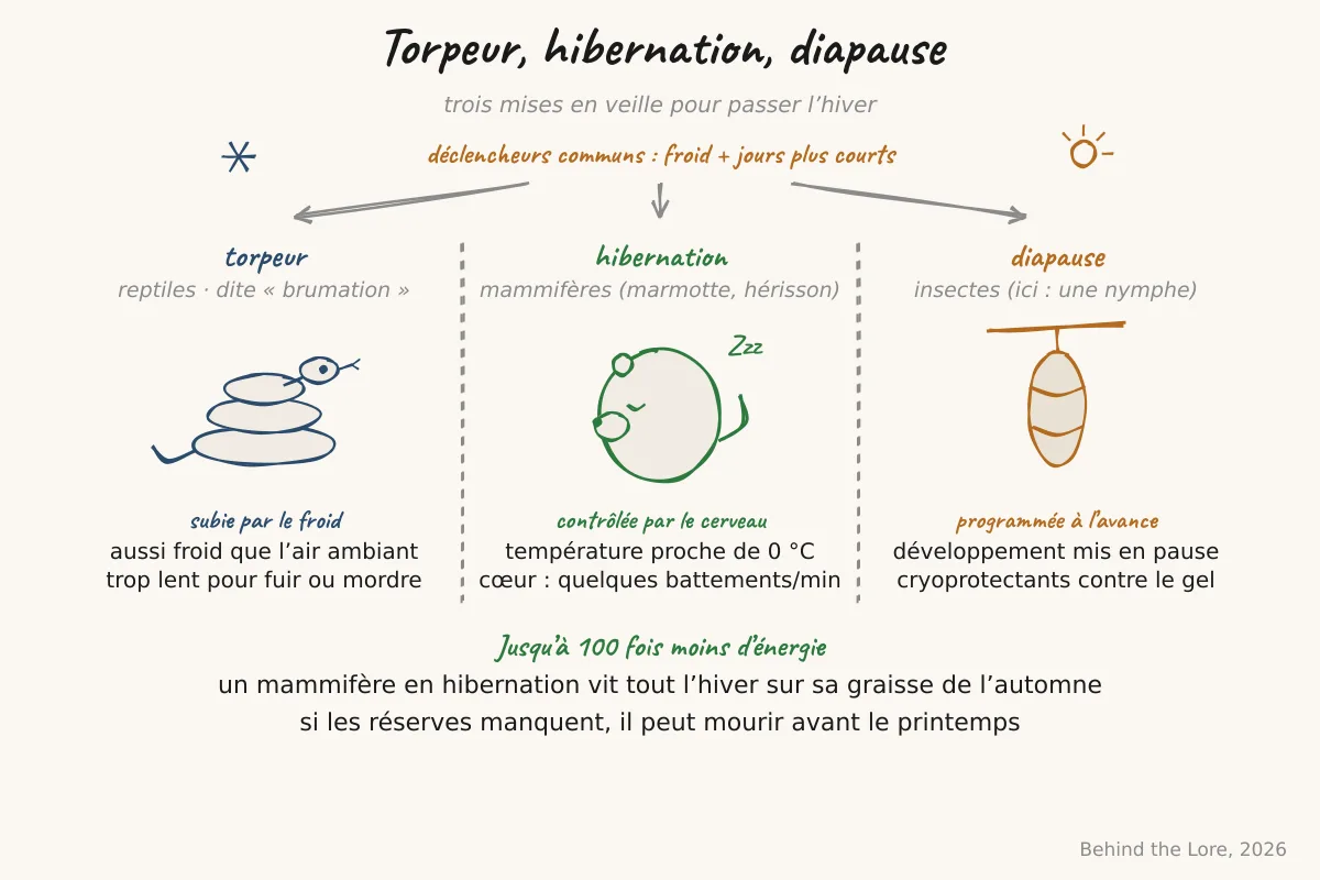 Schéma comparatif de la torpeur des reptiles, de l'hibernation des mammifères et de la diapause des insectes en hiver