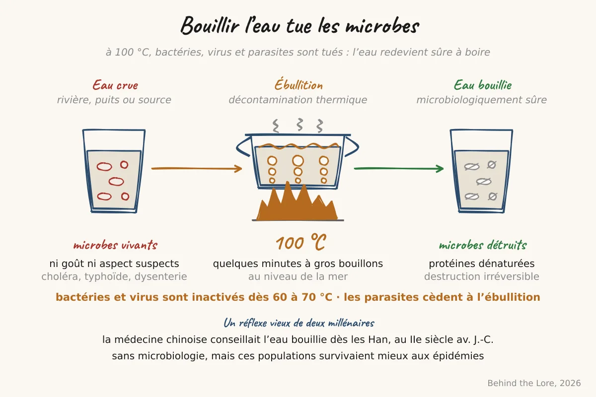 Schéma montrant la destruction des micro-organismes pathogènes par l'ébullition de l'eau