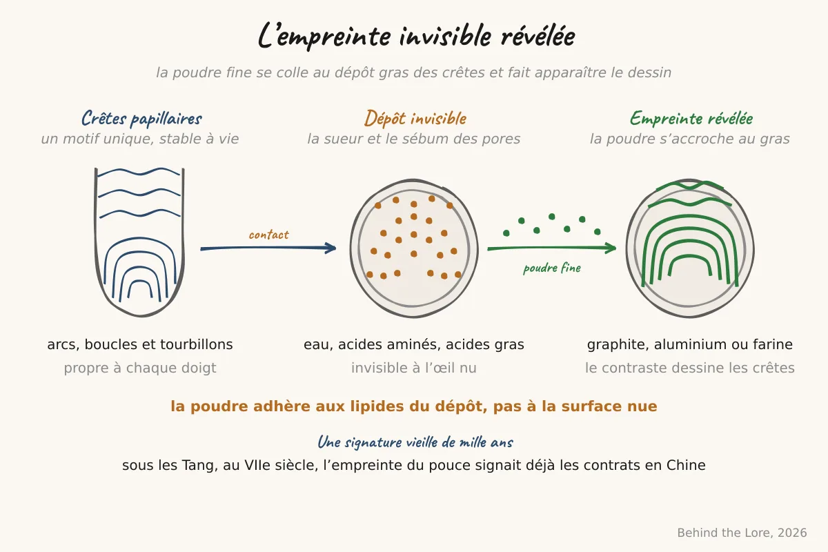 Crêtes papillaires d'un doigt et schéma des résidus sébacés révélés par poudrage