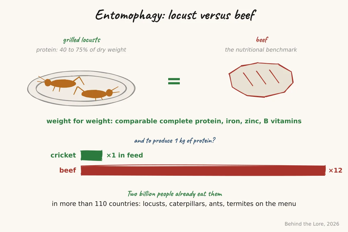 Grilled locusts compared with beef for protein content and feed ratio, illustrating entomophagy worldwide
