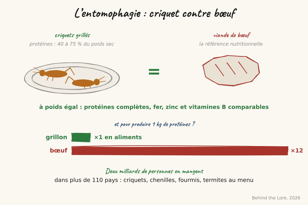 Criquets grillés comparés au bœuf sur la teneur en protéines et le rapport d'alimentation, illustrant l'entomophagie dans le monde