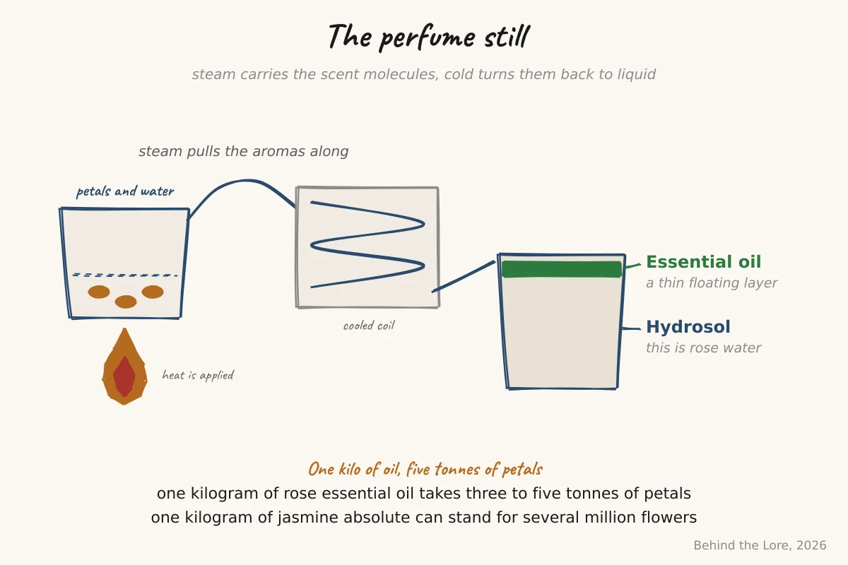 Diagram of a still performing steam distillation, producing rose essential oil and hydrosol