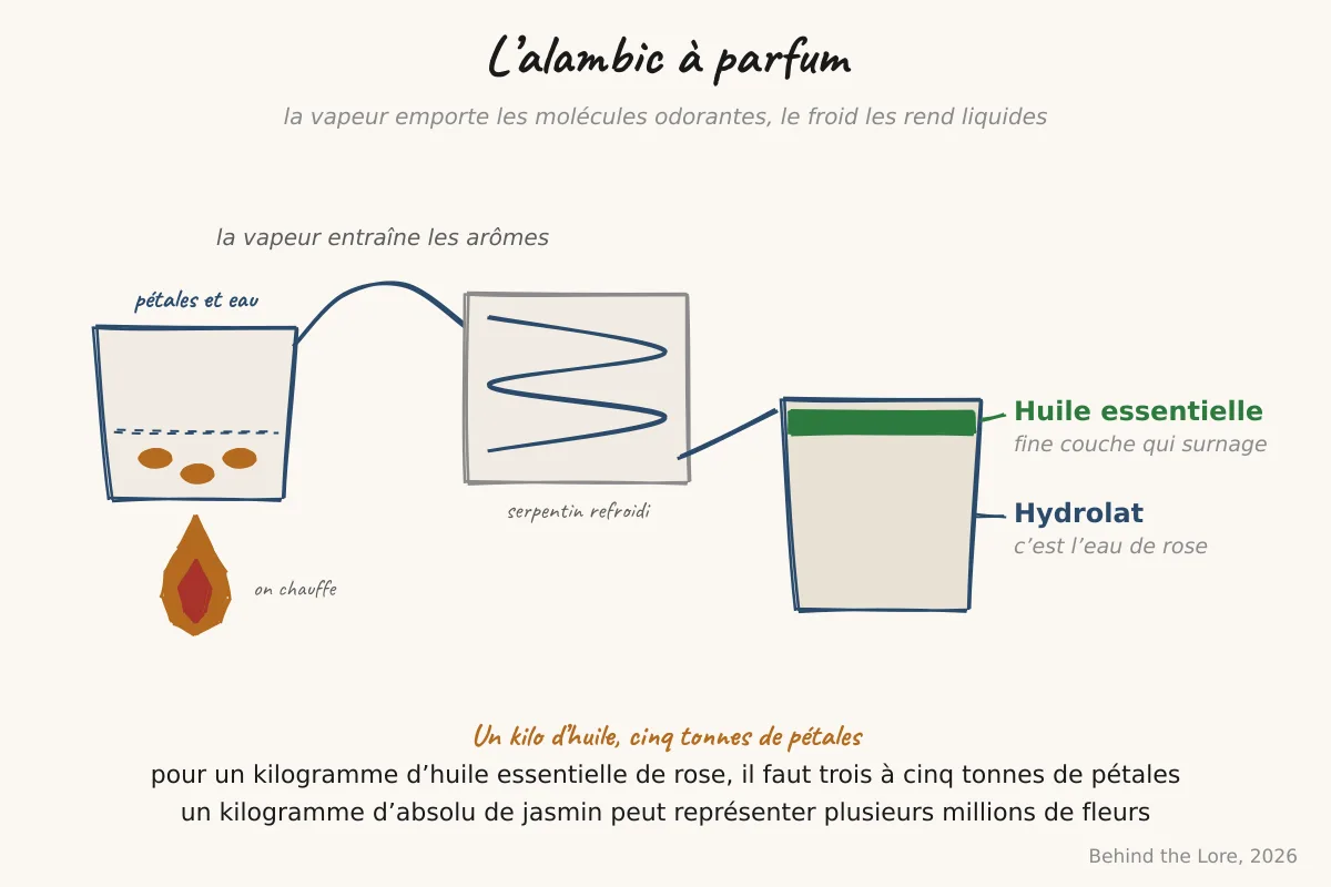 Schéma d'un alambic avec distillation à la vapeur d'eau produisant huile essentielle de rose et hydrolat