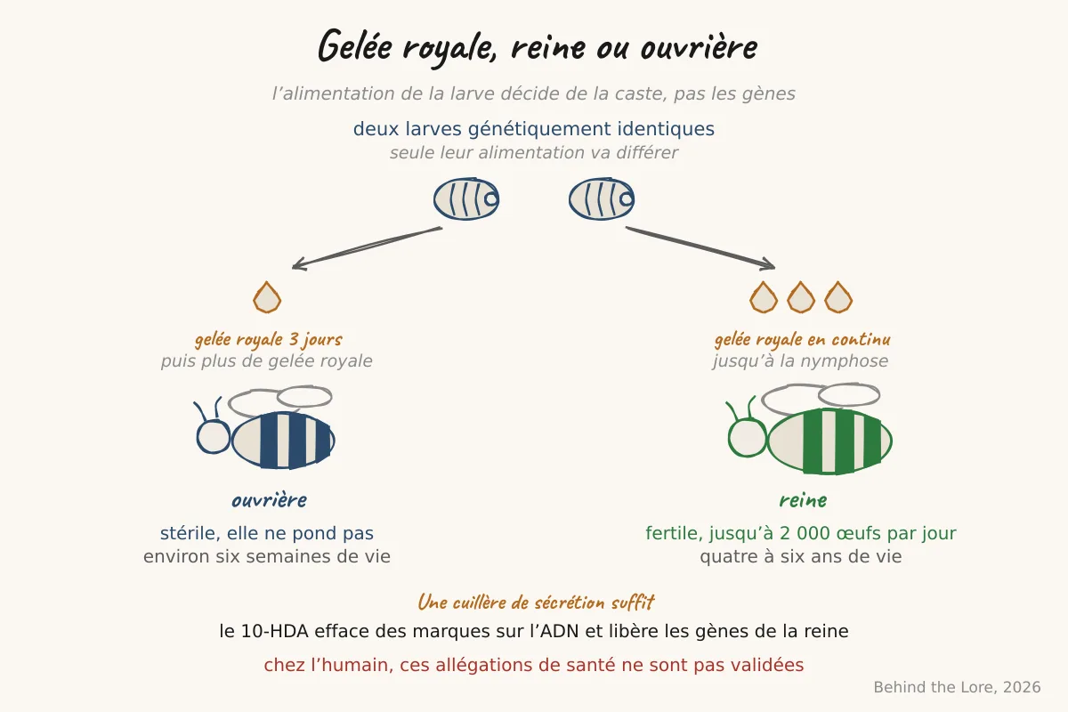 Schéma du déterminisme de caste chez l'abeille, larve nourrie à la gelée royale devenant reine