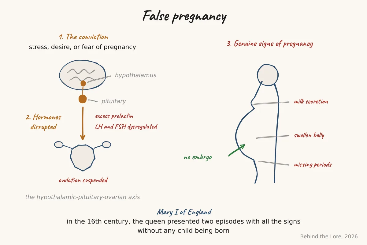 Diagram of the disrupted hormonal cycle in pseudocyesis, showing the hypothalamic-pituitary-ovarian axis