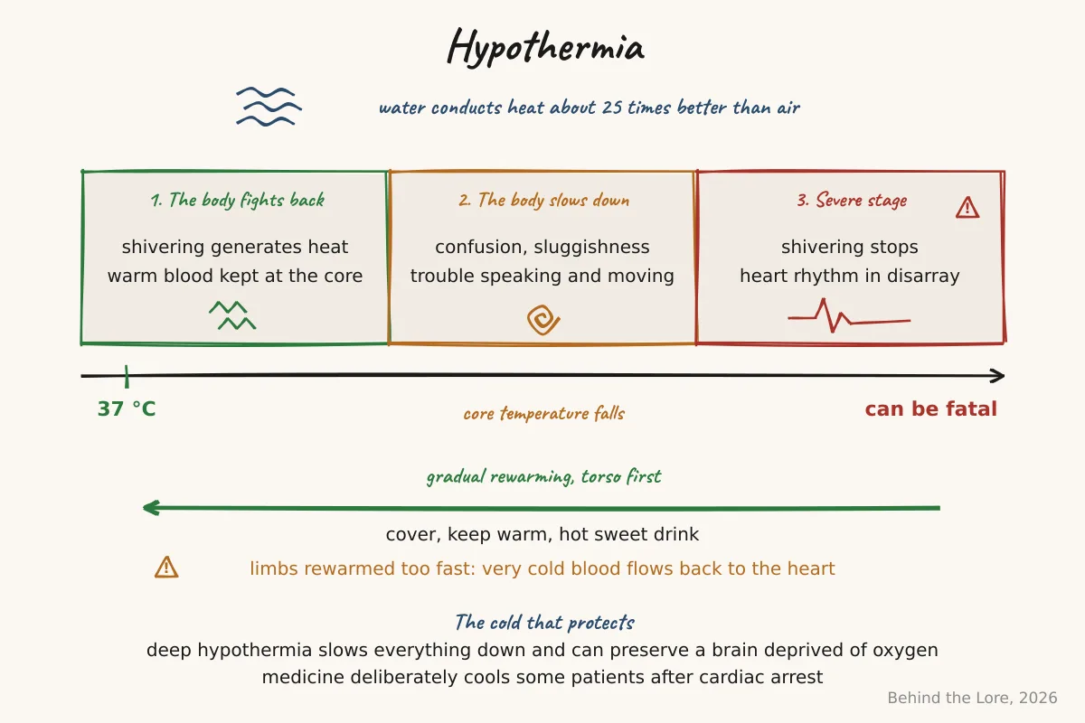 Diagram of the stages of hypothermia and gradual rewarming of the body