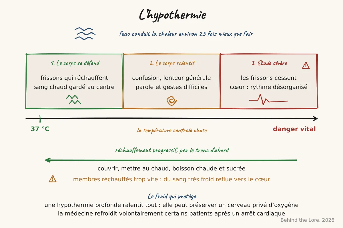 Schéma des stades de l'hypothermie et du réchauffement progressif du corps