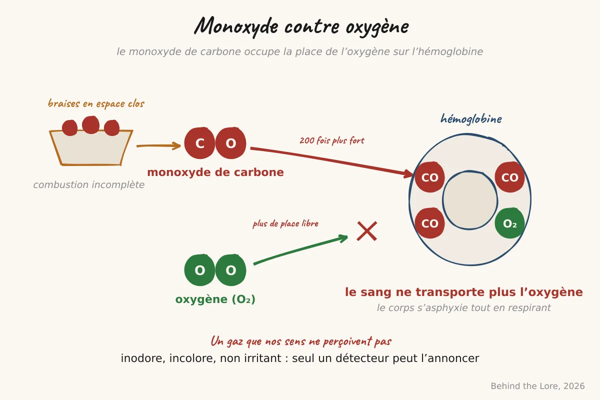 Schéma de la fixation du monoxyde de carbone sur l'hémoglobine à la place de l'oxygène