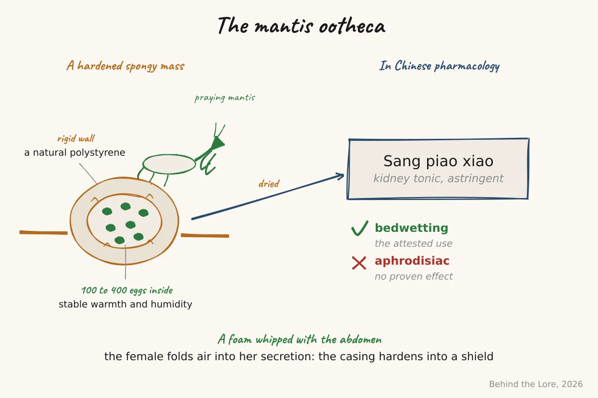 Mantis ootheca, a hardened spongy mass protecting the eggs, illustrated alongside its use in Chinese pharmacology (sang piao xiao)