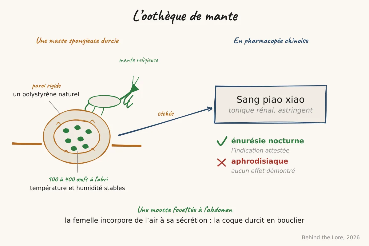 Oothèque de mante religieuse, masse spongieuse durcie protégeant les œufs, et illustration de son usage en pharmacopée chinoise (sang piao xiao)
