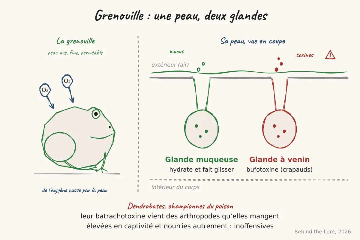 Schéma de la coupe de peau de grenouille montrant glandes muqueuses et glandes à venin