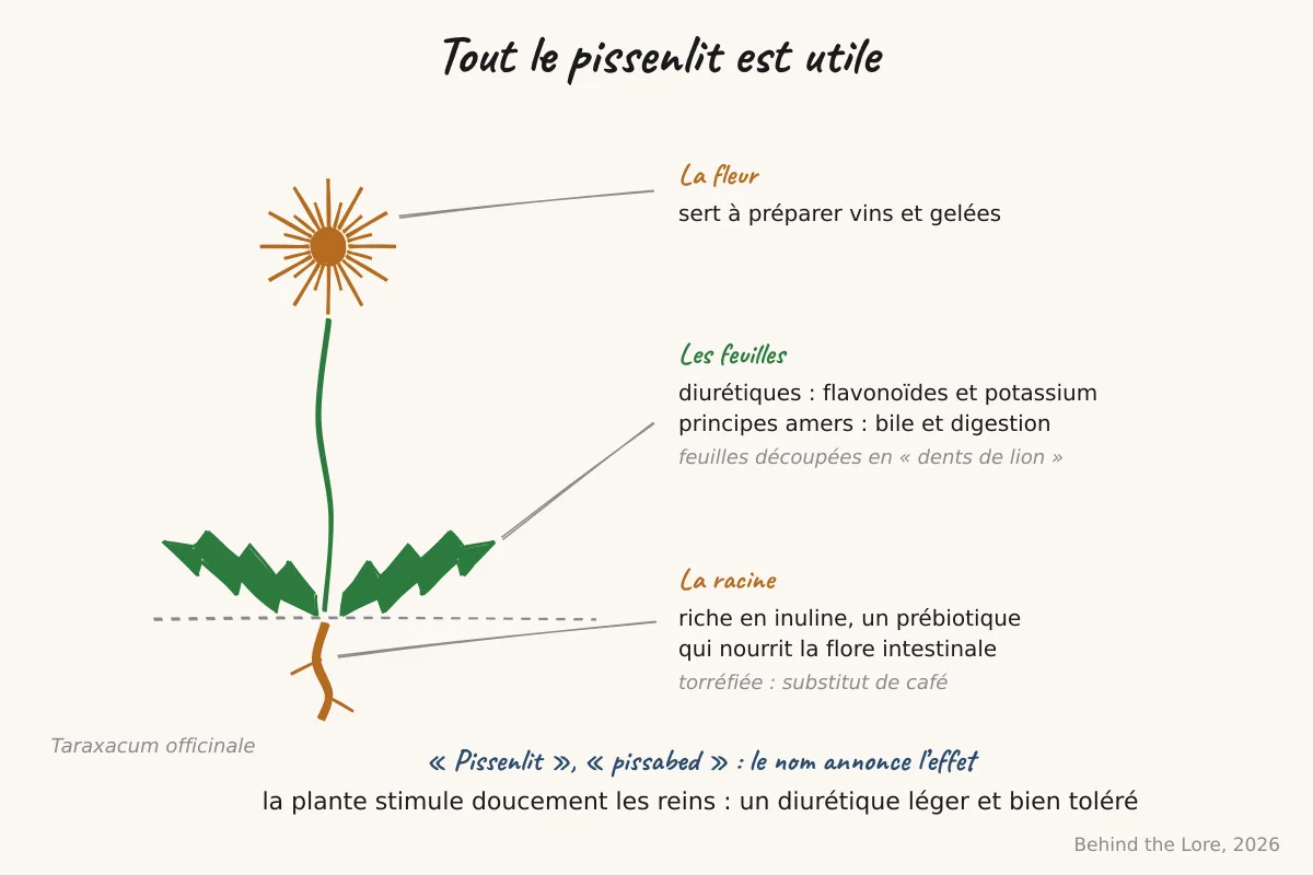 Fleur de pissenlit et schéma de ses composants actifs, inuline et principes amers