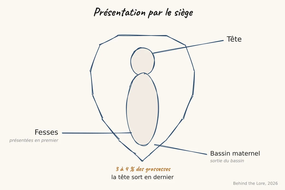 Schema illustrant un foetus en presentation par le siege dans l'uterus