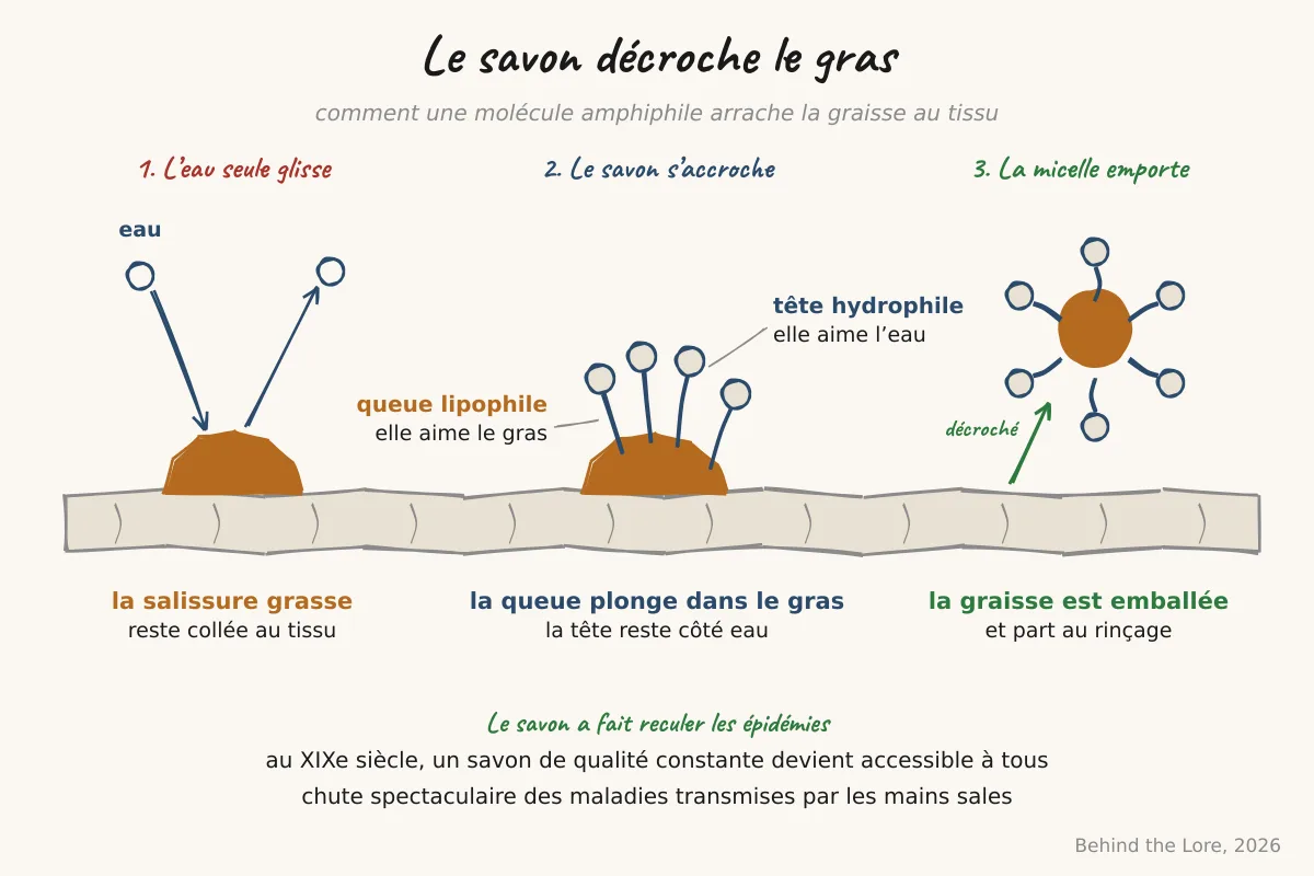 Schéma d'une molécule amphiphile de savon avec tête hydrophile et queue lipophile formant une micelle