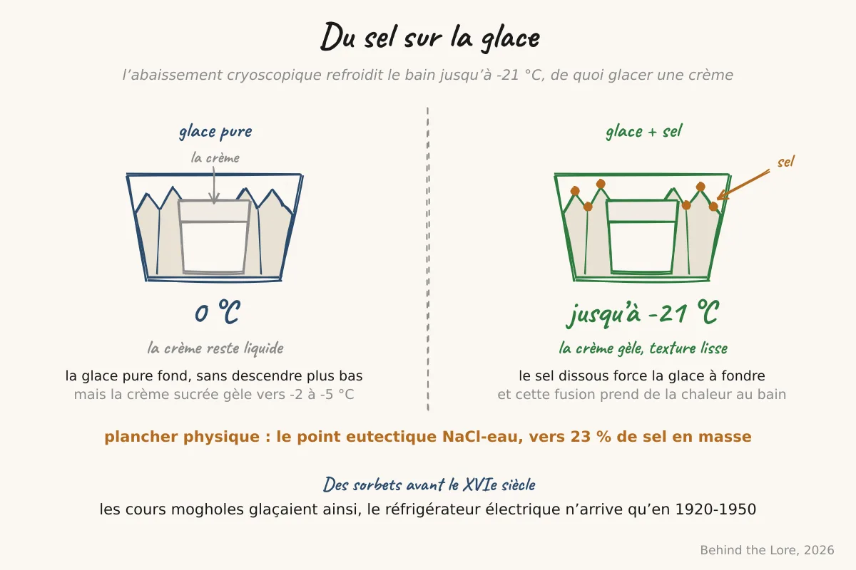 Schéma de l'abaissement cryoscopique, la glace salée atteint -21 °C grâce à l'eutectique NaCl-eau