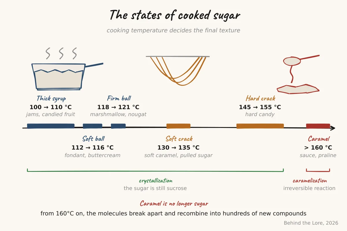Diagram of the states of cooked sugar by temperature, from syrup to caramel to spun sugar