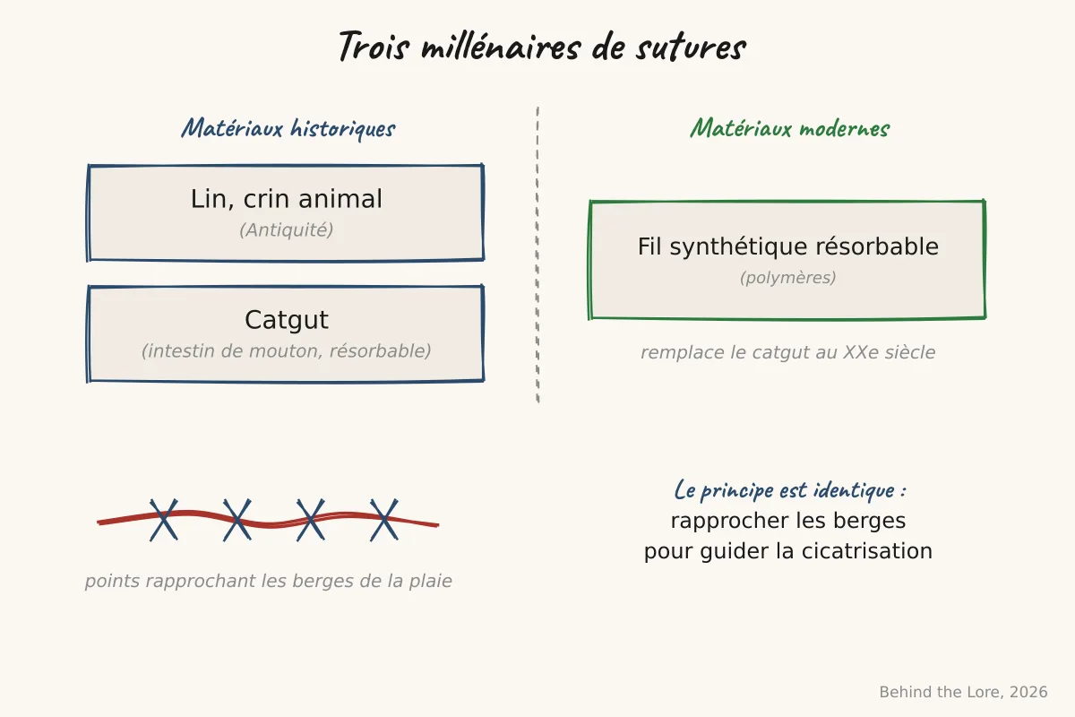 Schéma comparatif des matériaux de suture historiques (lin, catgut) et modernes (fil synthétique résorbable) avec dessin d'un nœud chirurgical