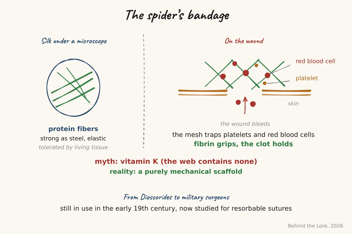 Fibrous structure of spider silk under a microscope and diagram of the mechanical hemostasis mechanism