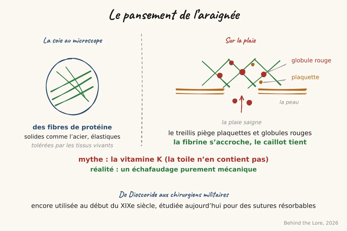 Structure fibreuse de la soie d'araignée au microscope et schéma du mécanisme d'hémostase mécanique