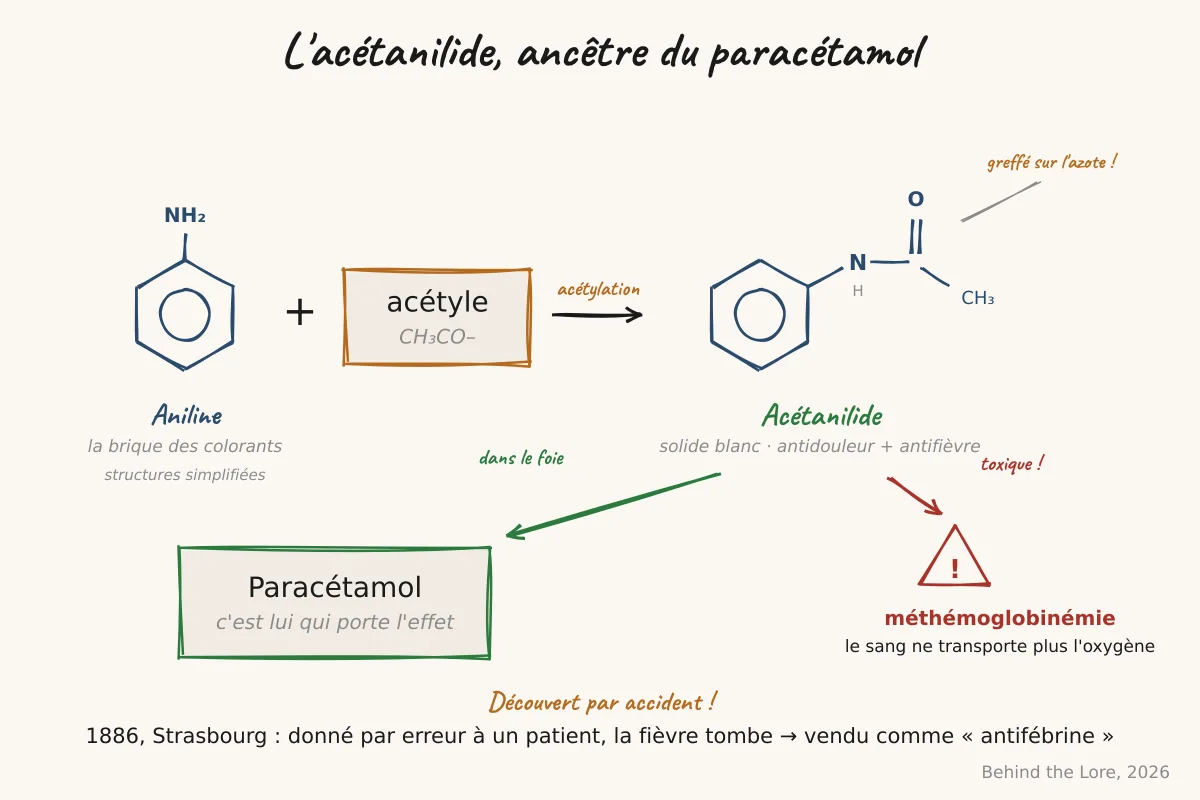 Schéma de la molécule d'acétanilide obtenue par acétylation de l'aniline, présentée comme analgésique antipyrétique historique