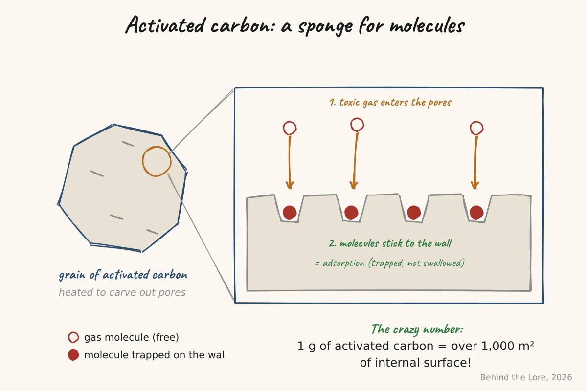 Diagram of a grain of activated carbon showing its porous structure adsorbing gas molecules