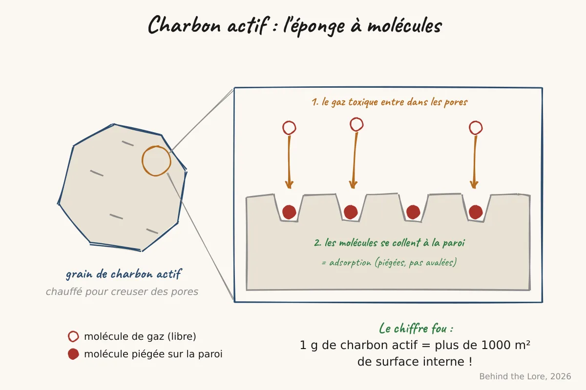 Schéma d'un grain de charbon actif montrant sa structure poreuse qui adsorbe des molécules de gaz