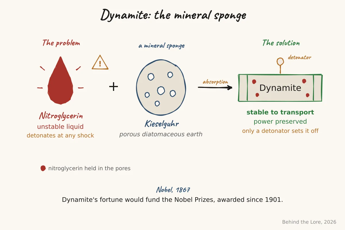 Diagram of dynamite showing nitroglycerin absorbed into porous kieselguhr to stabilize it