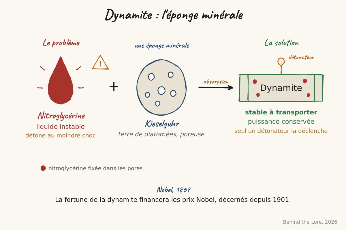 Schéma de la dynamite montrant la nitroglycérine absorbée dans la kieselguhr poreuse pour la stabiliser