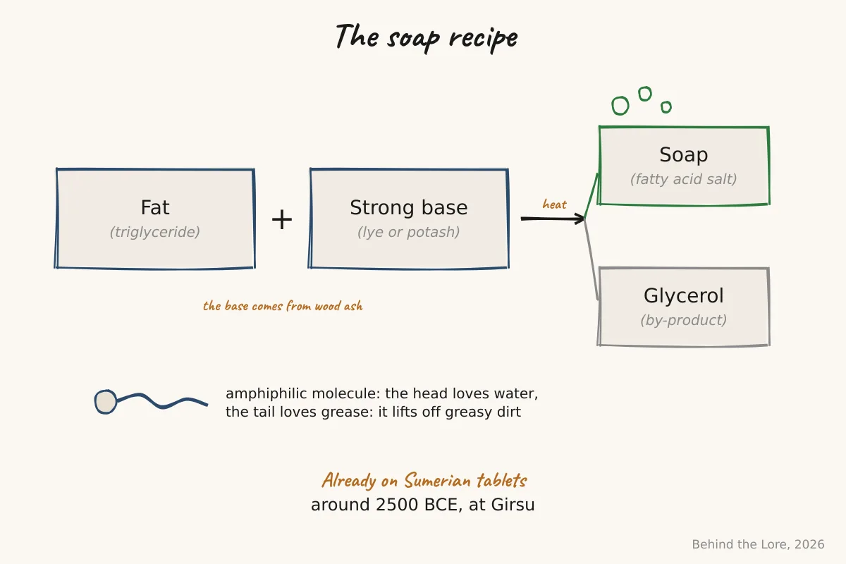 Diagram of the saponification reaction: fat plus a strong base yields soap and glycerol