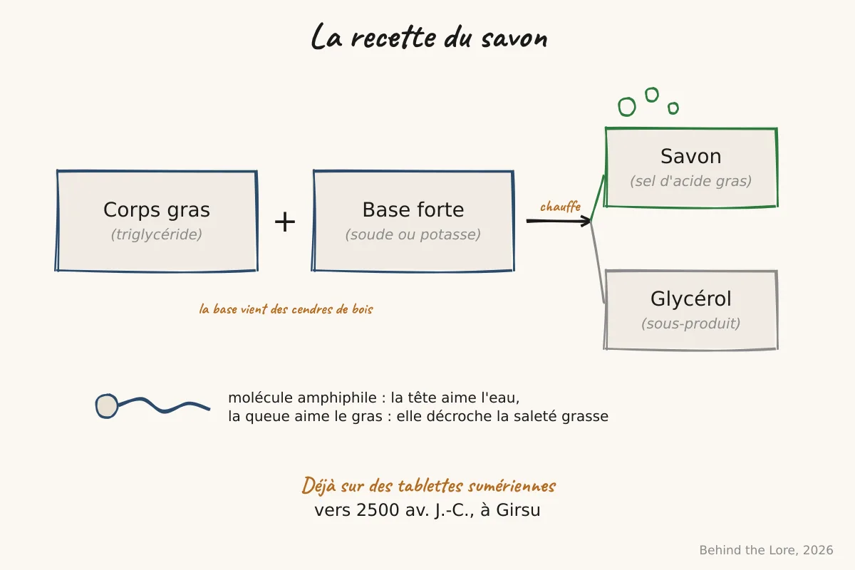 Schéma de la réaction de saponification : corps gras plus base forte donnent savon et glycérol