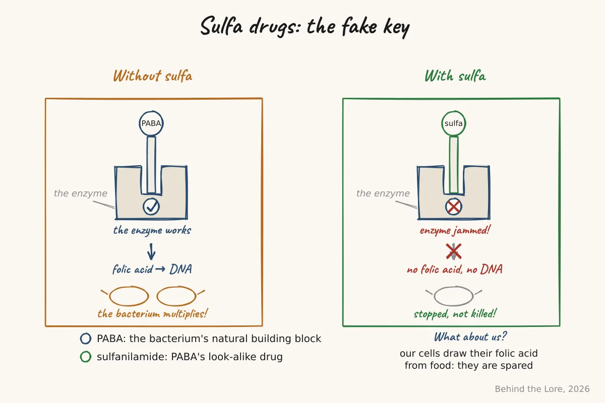 Diagram showing a sulfanilamide molecule mimicking PABA to block a bacterium's folic acid synthesis